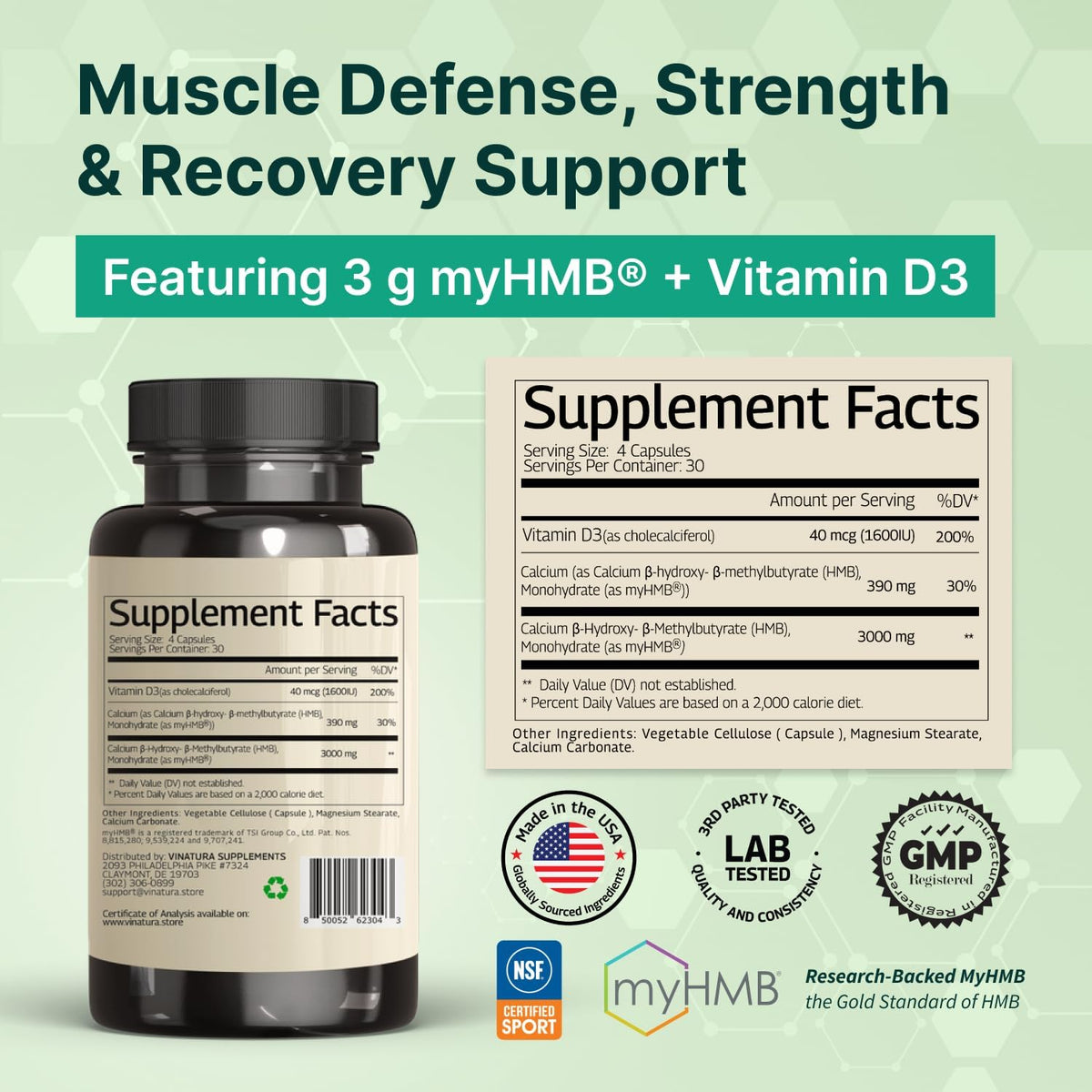 VINATURA HMB 3000mg y Vitamina D3 Suplemento Defensa Muscular - 120 Cápsulas – Image 3