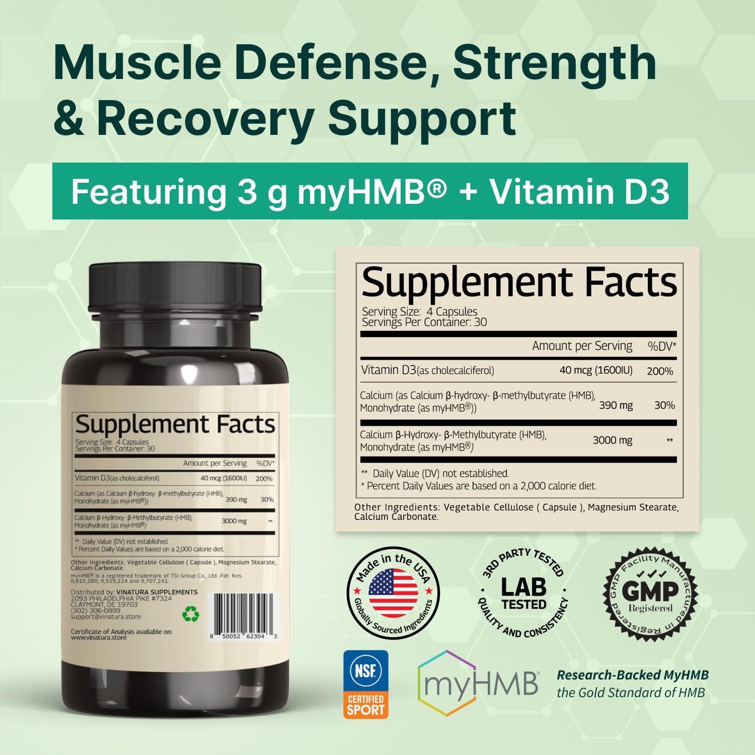 VINATURA HMB 3000mg y Vitamina D3 Suplemento Defensa Muscular - 120 Cápsulas