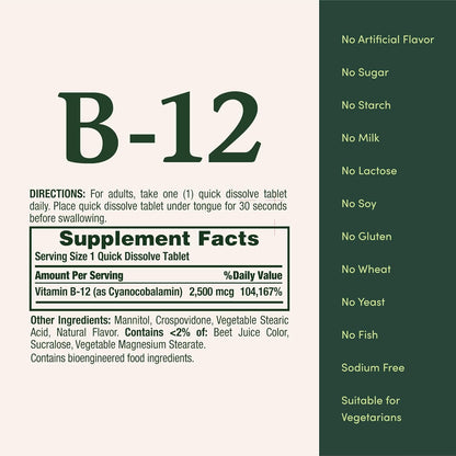 Nature's Bounty Vitamina B12 2500 mcg - 75 – Metabolismo energético: Contribuye al metabolismo energético normal, – Image 5