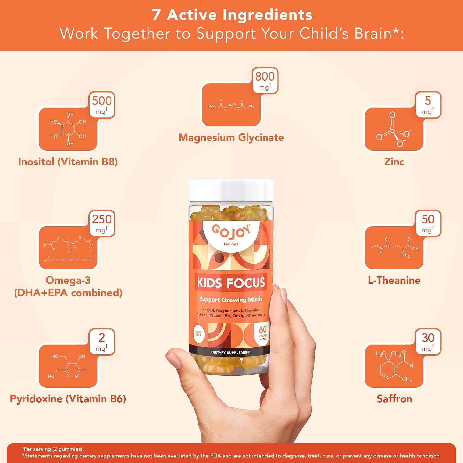 GOJOY NATURALS Kids Focus Gummies – Azafrán, Magnesio Glicinato, L-Teanina e Inositol – Apoyo a la Concentración y Calma – Vegano, Sin Azúcar, Sin OMG
