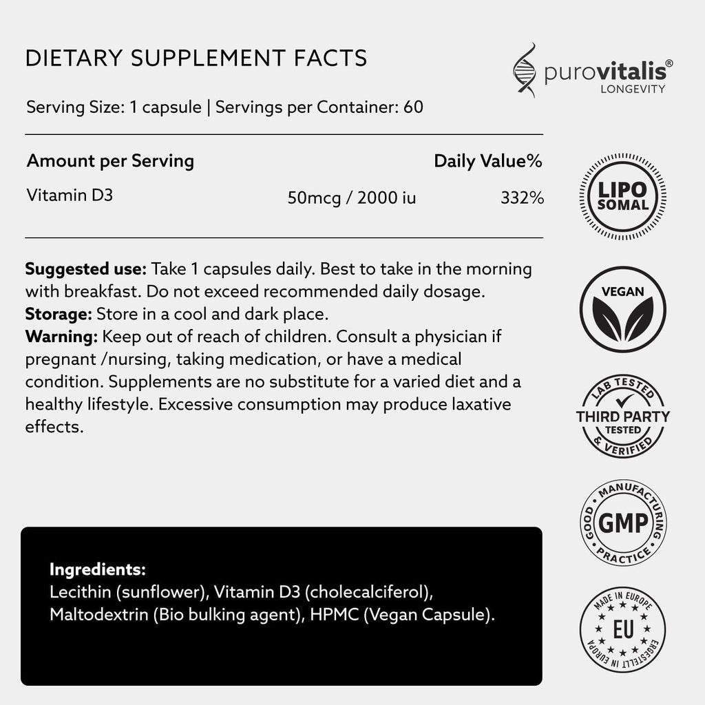 PUROVITALIS Vitamina D3 Liposomal 2000 UI - 60 Cápsulas Veganas