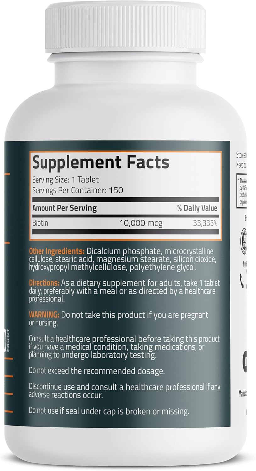 Bronson Biotina 10,000 mcg – Cabello, Piel y Uñas – Vegano – No Transgénico – 150 Comprimidos