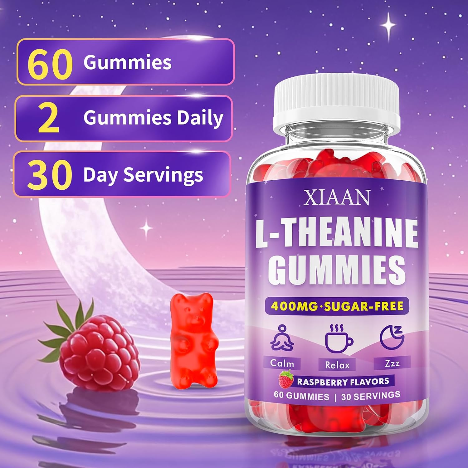XIAAN Gominolas de L-Teanina 400mg para Calma y Relajación, Vegano, Orgánico, Sabor Frambuesa, 60 unidades
