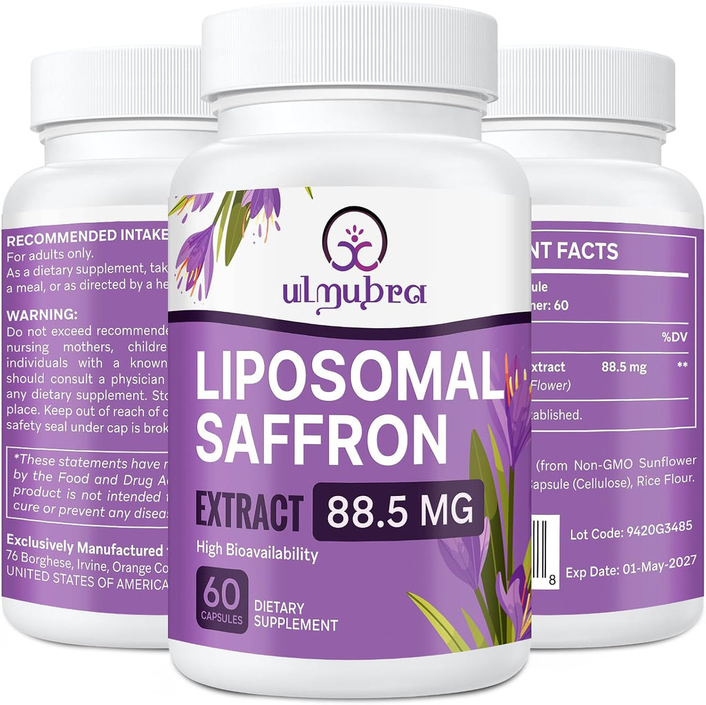 Suplemento de Azafrán Liposomal 88,5 mg, Máxima Absorción, Extracto Puro de Azafrán para el Estado de Ánimo, Energía, Visión y Concentración - 60 Cápsulas Veganas