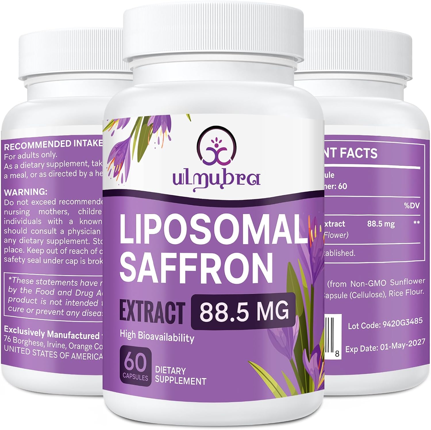 Suplemento de Azafrán Liposomal 88,5 mg, Máxima Absorción, Extracto Puro de Azafrán para el Estado de Ánimo, Energía, Visión y Concentración - 60 Cápsulas Veganas