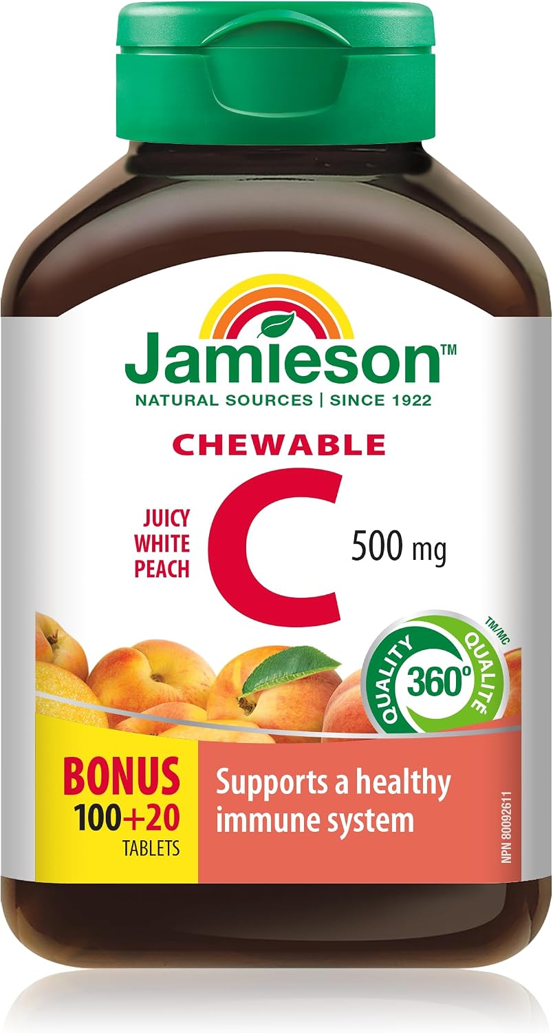 Jamieson Vitamina C Masticable 500 mg - Sabor Melocotón Blanco, 120 Comprimidos