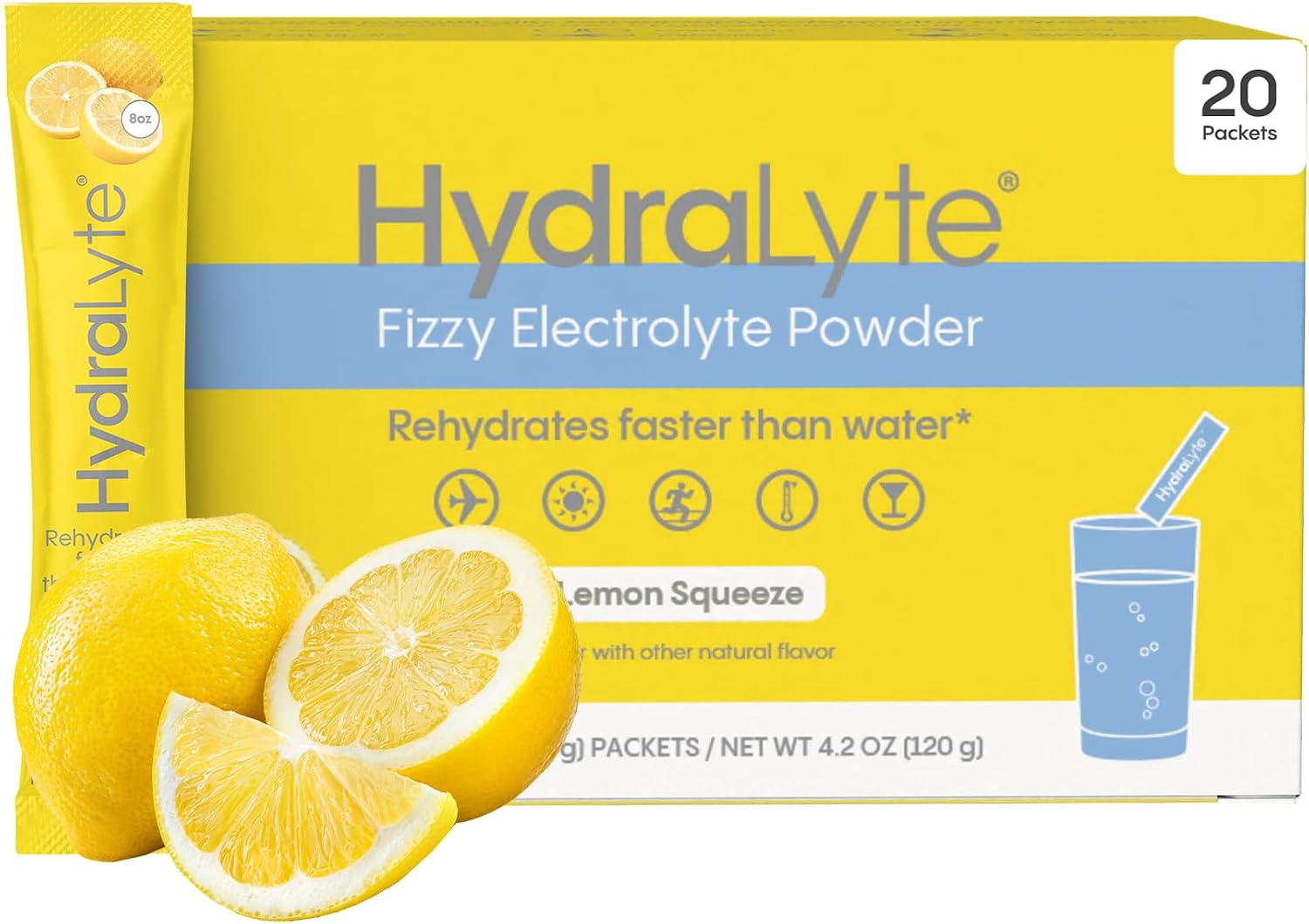 Hydralyte Paquetes de Electrolitos en Polvo Bajo en Azúcar - Rehidratación Rápida Ligeramente Efervescente, 8 oz (30 Sobres)
