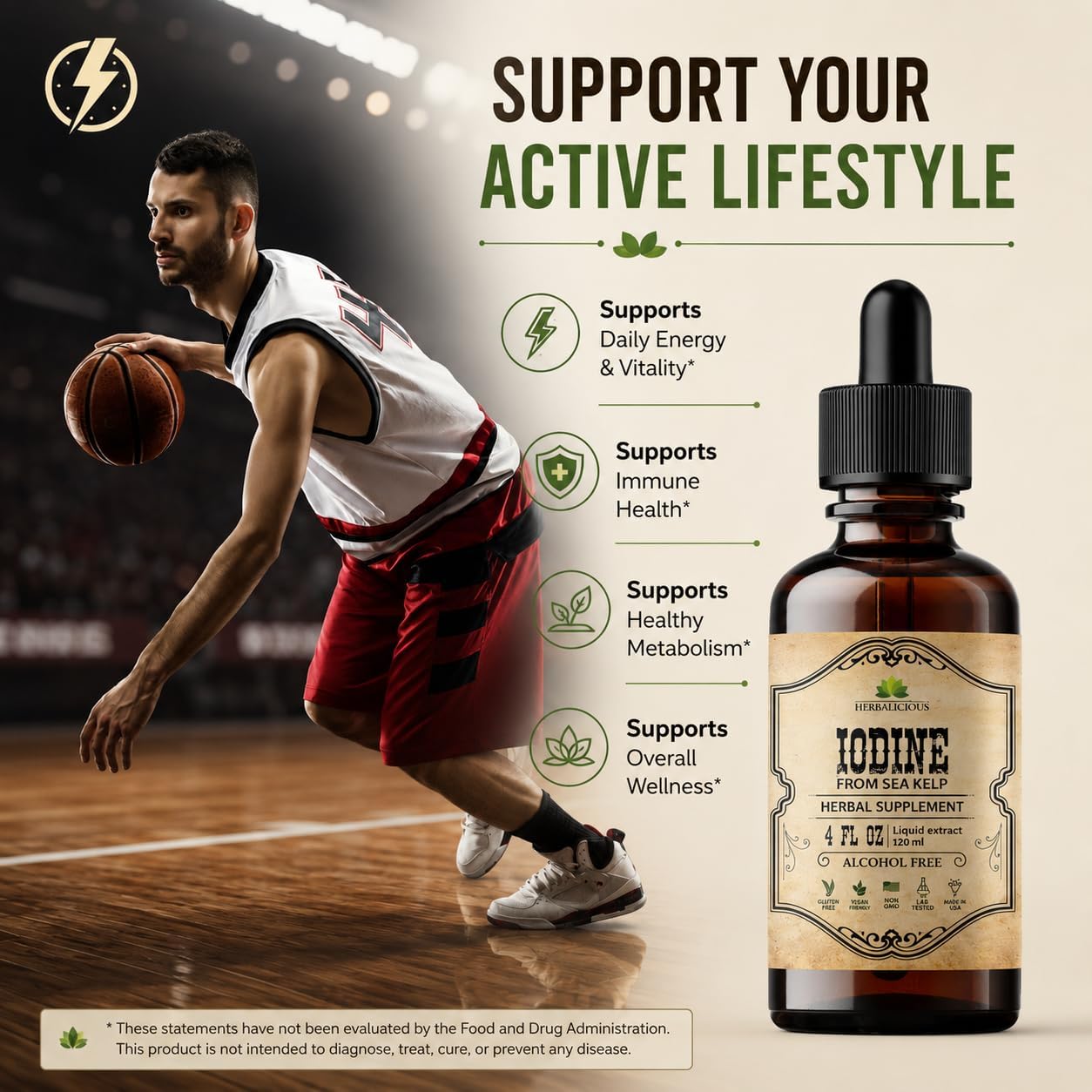 HERBALICIOUS Gotas de Yodo – Yodo Natural de Alga Kelp – Suplemento para Tiroides, Energía, Digestión y Defensas – Fórmula Orgánica No-GMO – 118 ml