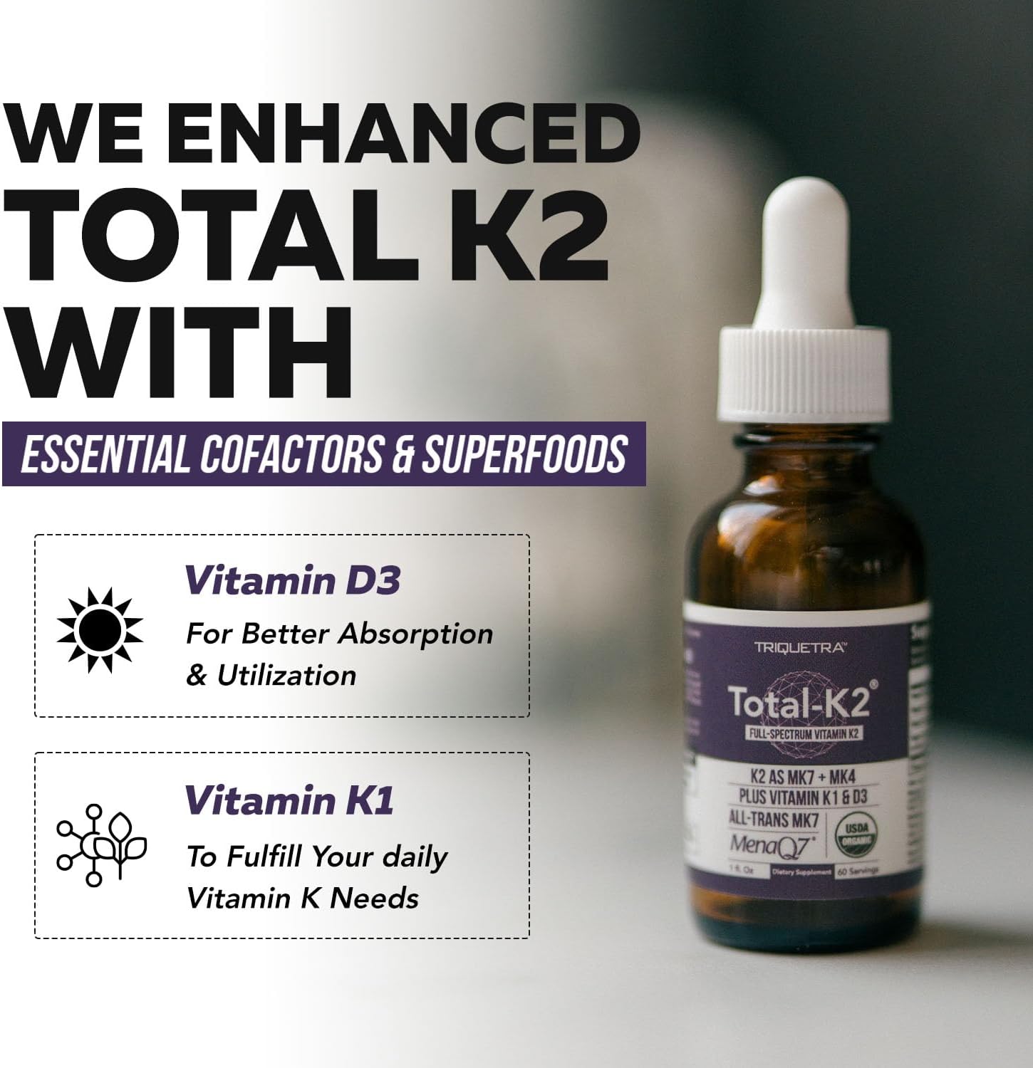 Total K2® - Vitamina K2 MK7 + MK4 + K1 + D3 - 620 mcg - Vegano Orgánico (Líquido 30 ml)