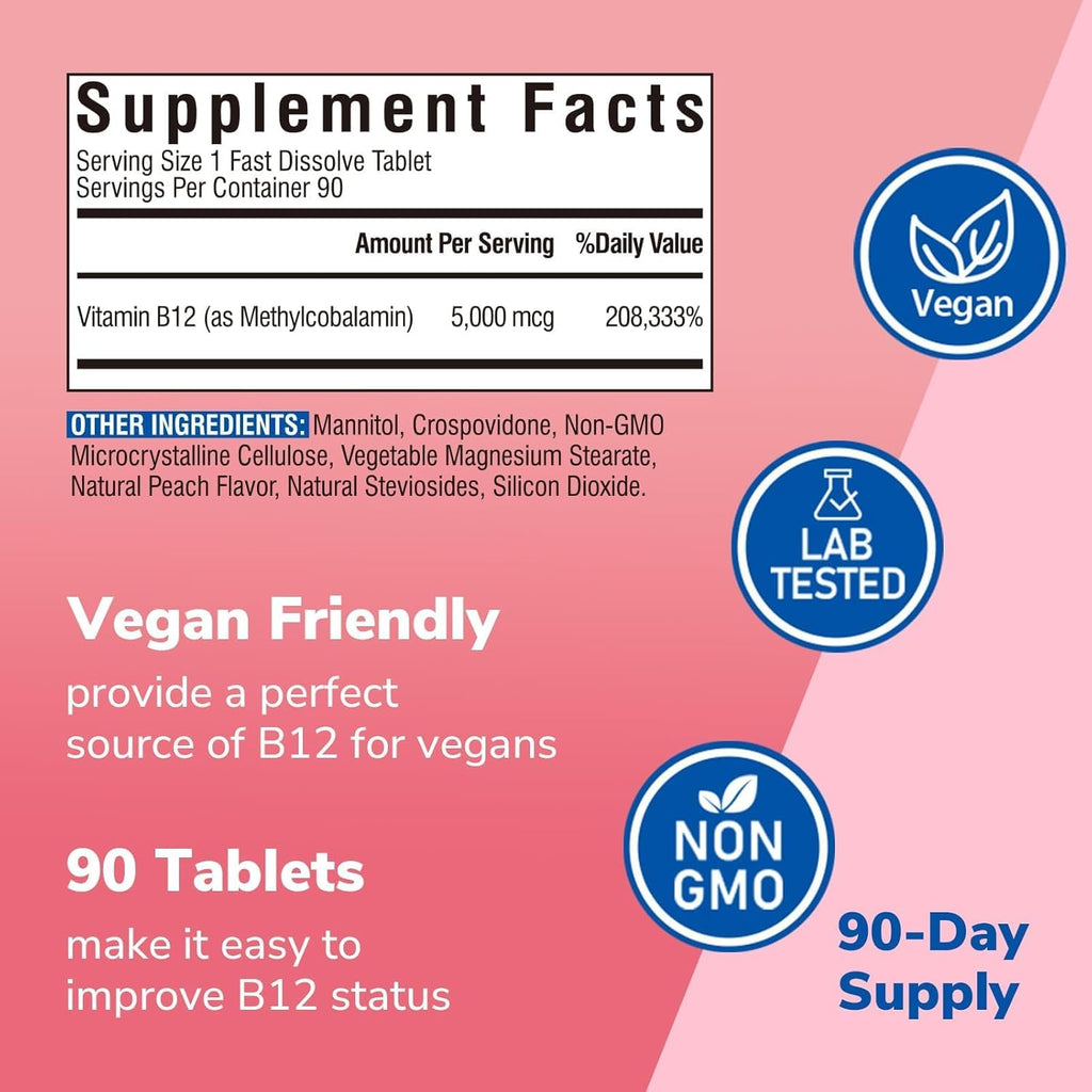 Vitalibre Vitamina B12 Sublingual 5000 mcg, Metilcobalamina, Forma Bioactiva, Vegano, 90 Comprimidos de Disolución Rápida, Sabor Melocotón Natural