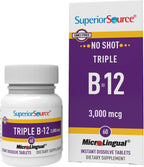 Superior Source Triple B-12 NO Shot 3,000 mcg - Suplemento para el sistema cardiovascular y energía - Apoyo para la salud del corazón con metilcobalamina - 60 comprimidos de disolución instantánea