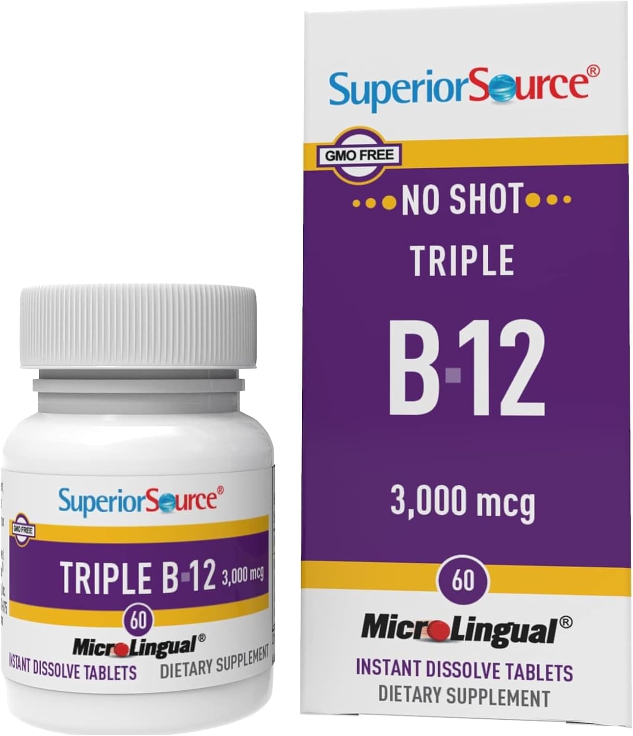 Superior Source Triple B-12 NO Shot 3,000 mcg - Suplemento para el sistema cardiovascular y energía - Apoyo para la salud del corazón con metilcobalamina - 60 comprimidos de disolución instantánea