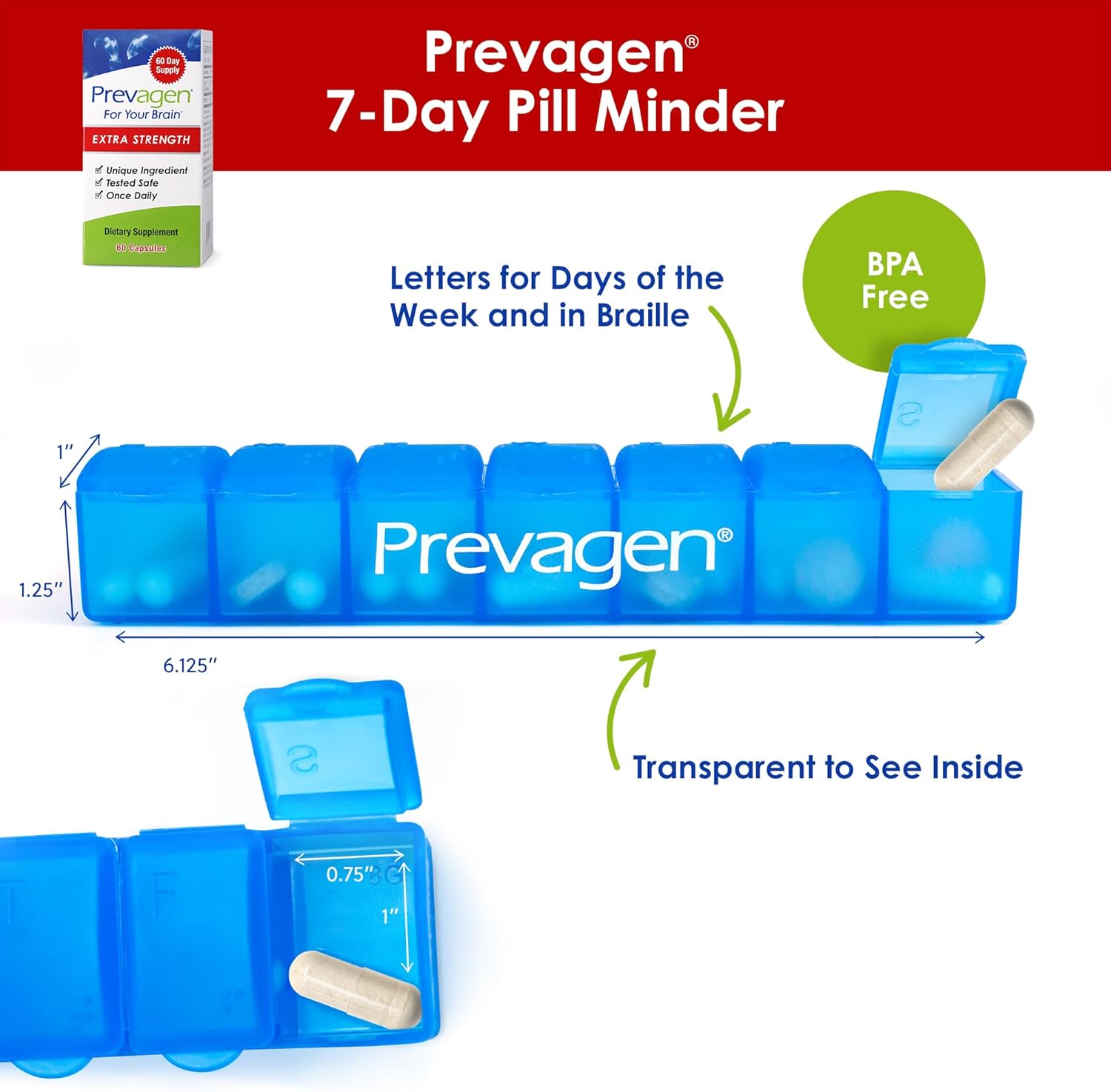 Prevagen Extra Strength - 60 Cápsulas (2 Meses) | Formulado para el Cerebro | 20mg de Apoaequorina + Vitamina D3 con Pastillero Semanal