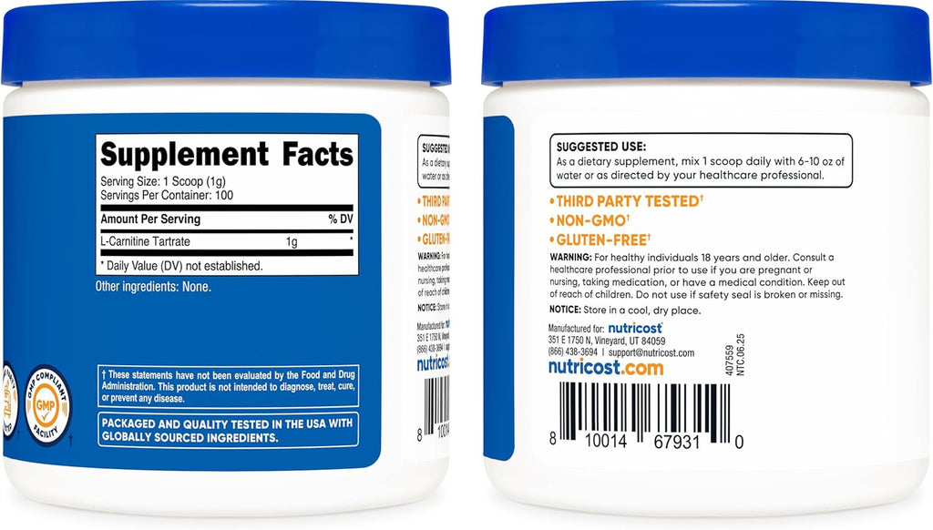 Nutricost L-Carnitine Tartrate Powder (100 Grams) - 1 Gram Per Serving; 100 Servings