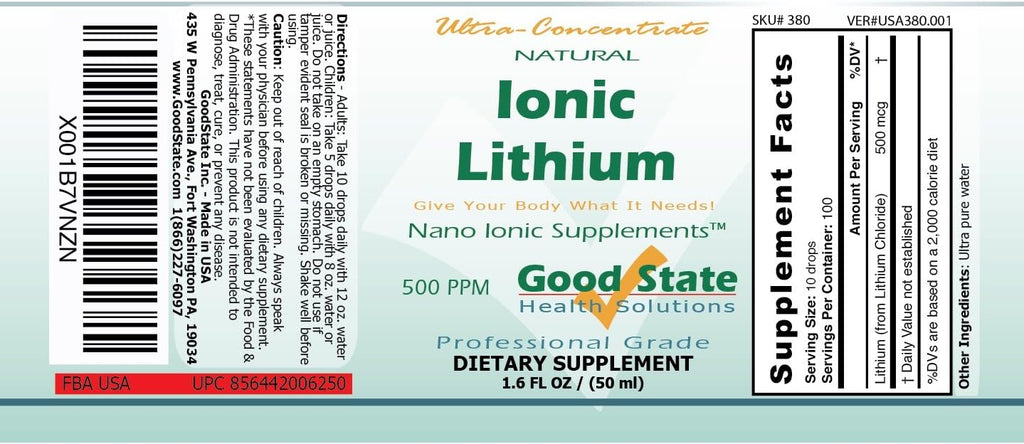 Good State Litio Iónico Líquido Ultra Concentrado (500 mcg por dosis, 100 servicios) - Botella de Cristal
