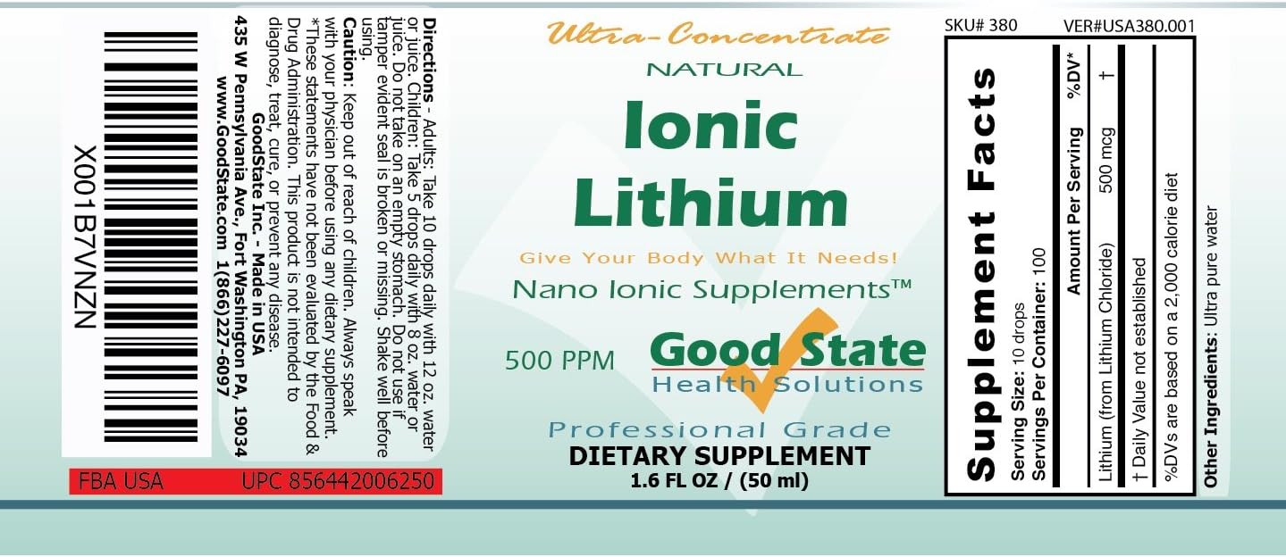 Good State Litio Iónico Líquido Ultra Concentrado (500 mcg por dosis, 100 servicios) - Botella de Cristal
