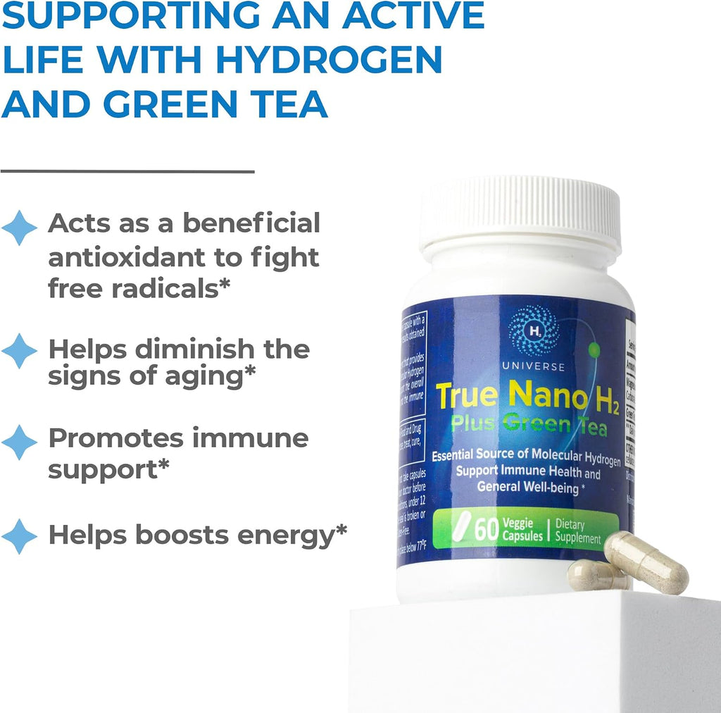 True Nano H2 con Té Verde - Hidrógeno Molecular con Nanoburbujas de Hidrógeno Activo - 60 Cápsulas
