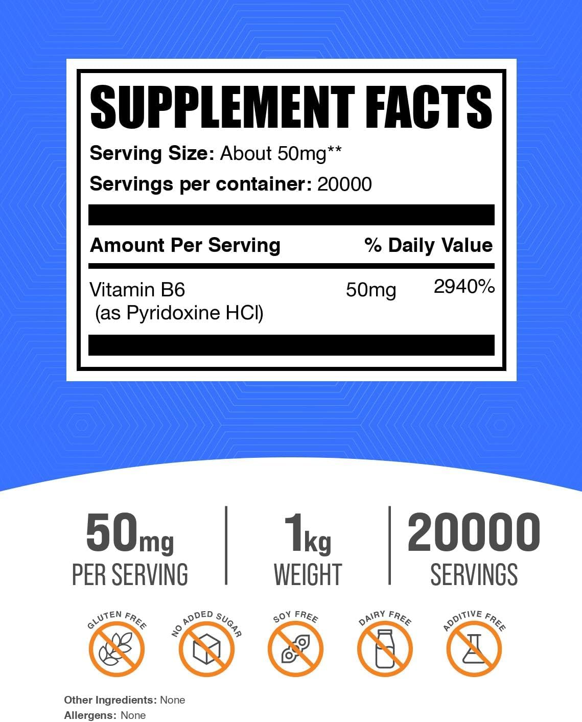 BulkSupplements Clorhidrato de Piridoxina (Vitamina B6) en Polvo, 1 kg