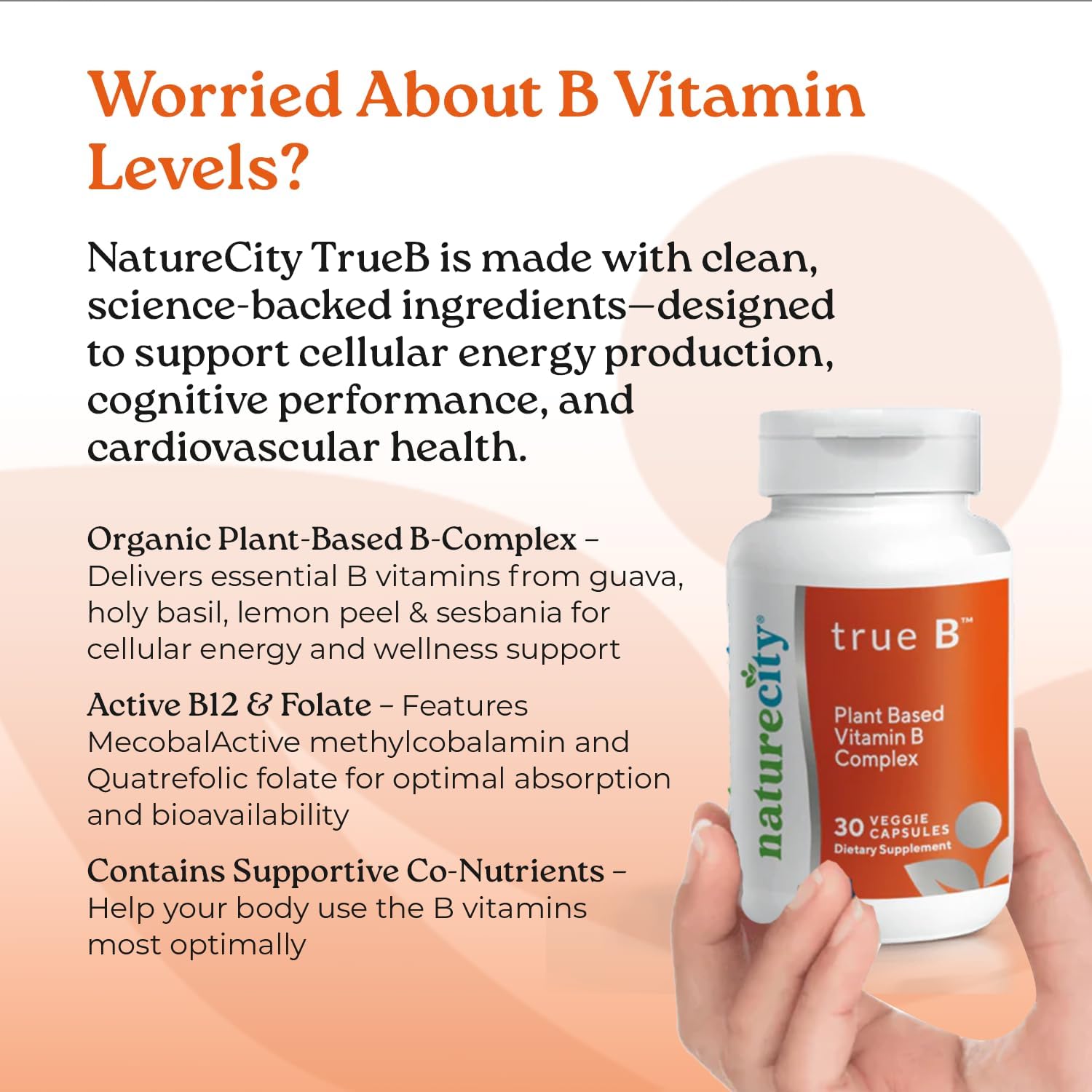 NatureCity True-B Complejo B Vegetal Super B Vitaminas - Alimentos Integrales Orgánicos con Folato Activo y Vitamina B12 - 30 Cápsulas Vegetales