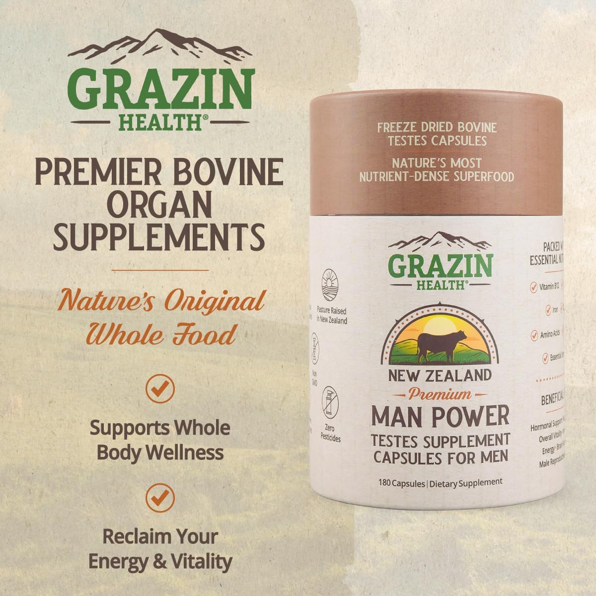 Grass Fed Bovine Testes Man Power Capsules (30 Day Supply) – Image 2