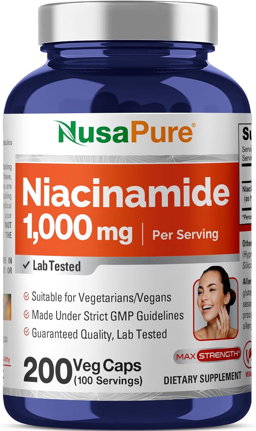Niacinamida 1000mg 200 Cápsulas Vegetales - NusaPure - Sin Enrojecimiento