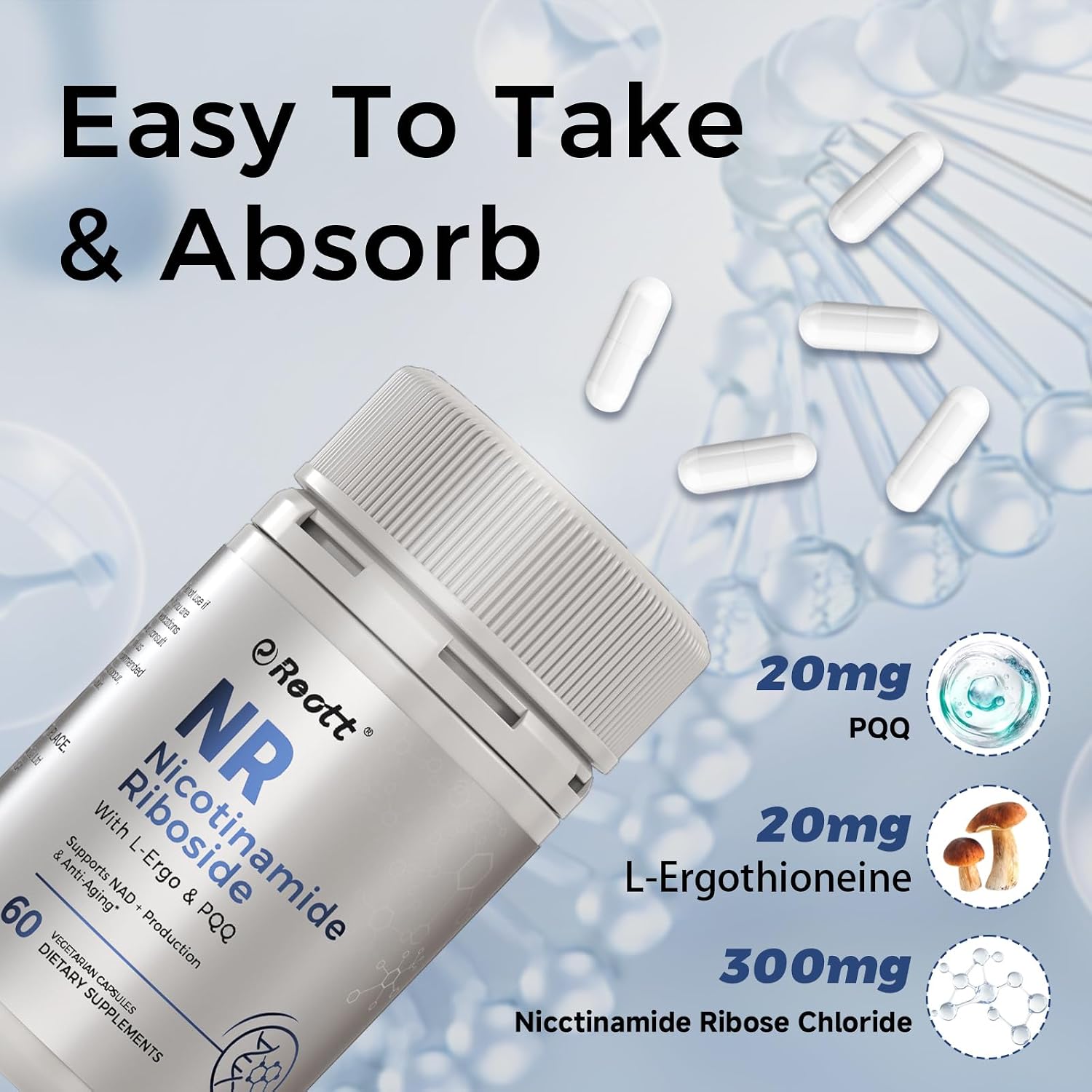 REOTT Suplemento de Nicotinamida Ribósido (NR) 300 mg, Apoyo NAD+, 60 Cápsulas, con L-Ergotioneína y PQQ para Salud Celular y Envejecimiento Saludable