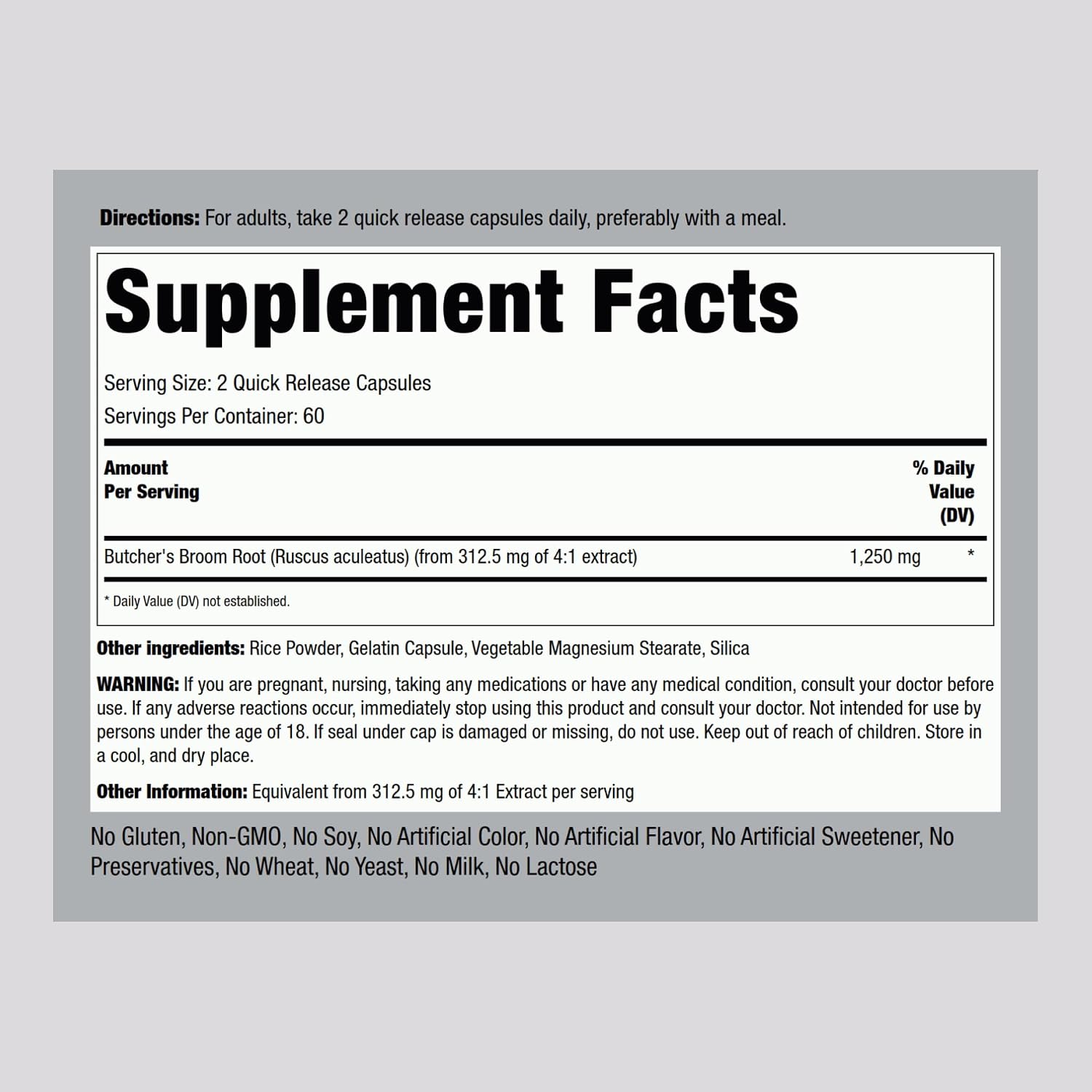 Suplemento de Butchers Broom de Piping Rock | 120 Cápsulas | Raíz Herbal Tradicional | Extracto Concentrado | No OGM, Sin Gluten
