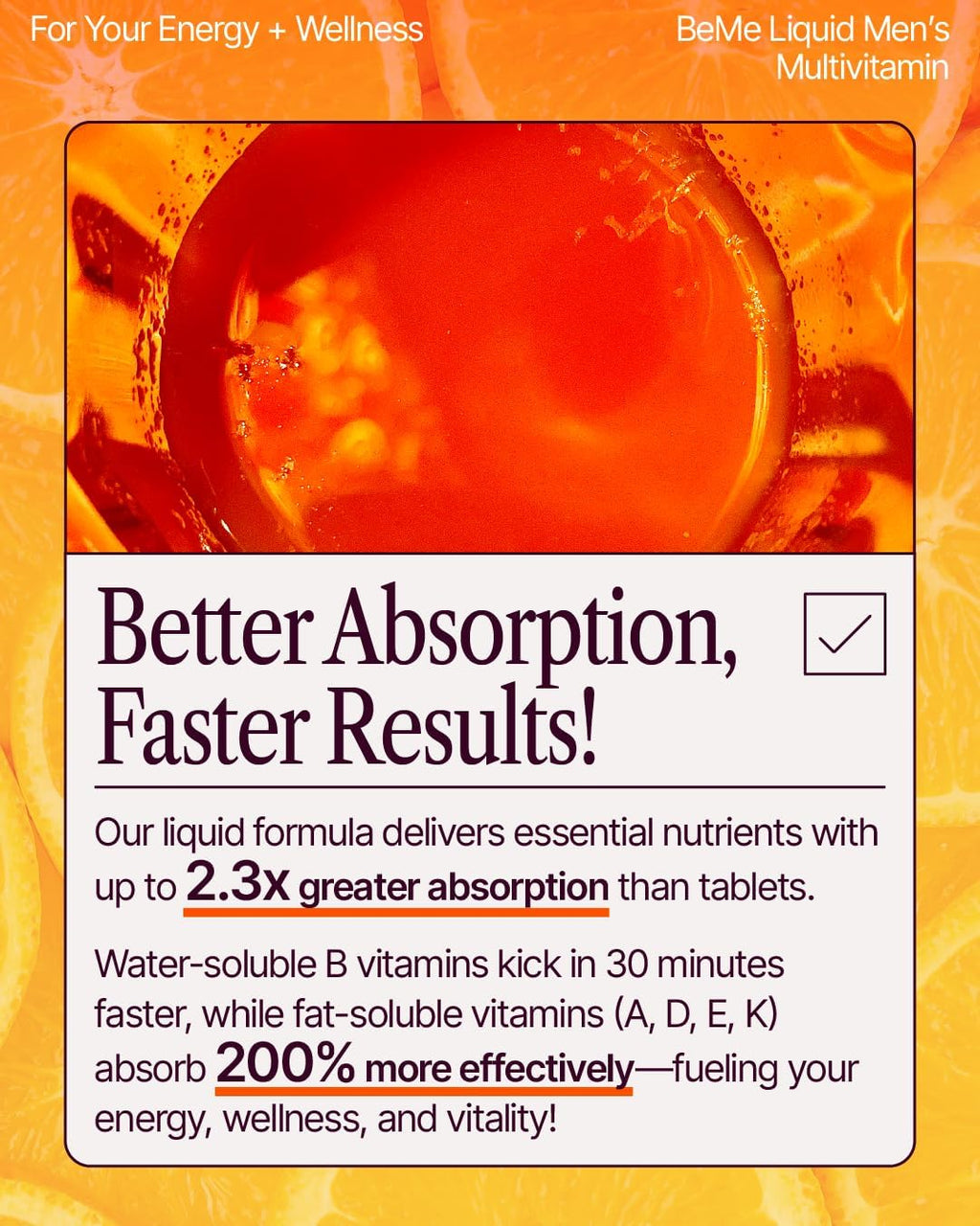 BeMe Multivitamínico Líquido para Hombres - Sistema de Administración Líquida Avanzada con 13 Vitaminas y Minerales - Sobres Individuales, No-GMO, Sabor Naranja (30 Sobres)