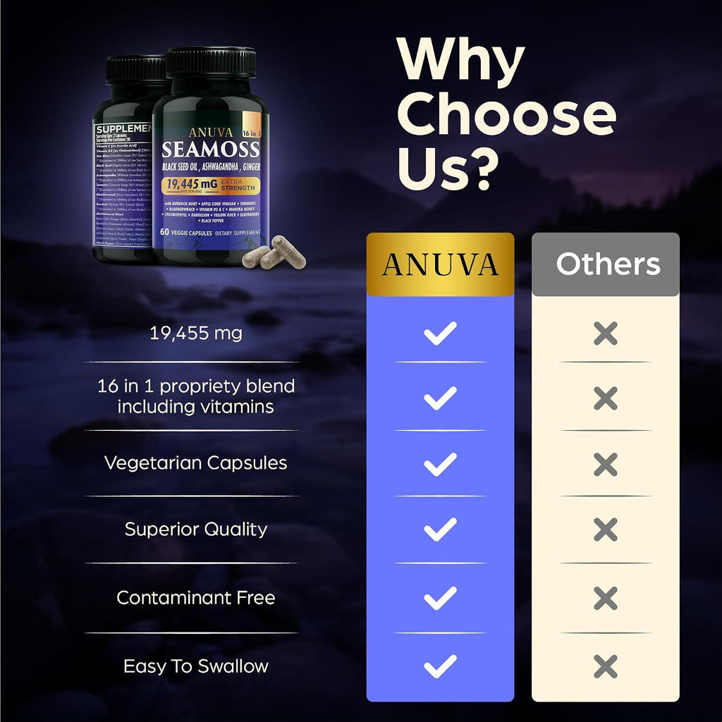 Anuva 16 en 1 Cápsulas de Sea Moss con Aceite de Semilla Negra, Ashwagandha, Vitamina C, D3, Cúrcuma, Bardana y Minerales - 60 Cápsulas Veganas