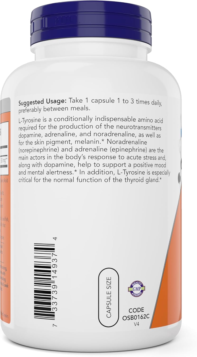 Now Foods L-Tirosina 500 mg, 300 Cápsulas - No OGM - Aminoácido Libre