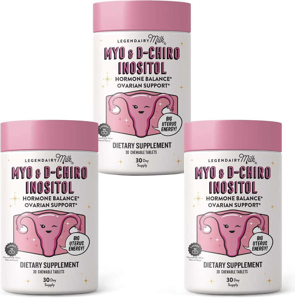 Legendairy Milk Myo Inositol and D Chiro Inositol Supplement for Women, 40:1 Ratio, Sugar Free Vegan Chewable Tablets, Cherry Flavor, 90 Day Supply, Pack of 3