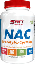 SAN N-Acetil-L-Cisteína (NAC), Salud Inmune, Respiratoria y Hepática, NAC 600 mg, Potente Apoyo Antioxidante, Radicales Libres, Fácil Absorción, 100 Cápsulas