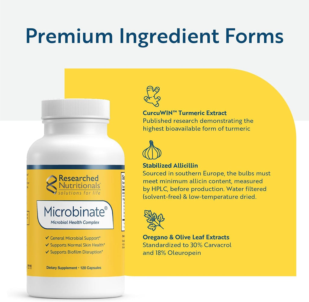 Researched Nutritionals Microbinate - Complejo de apoyo microbiano y respuesta inflamatoria (120 cápsulas)
