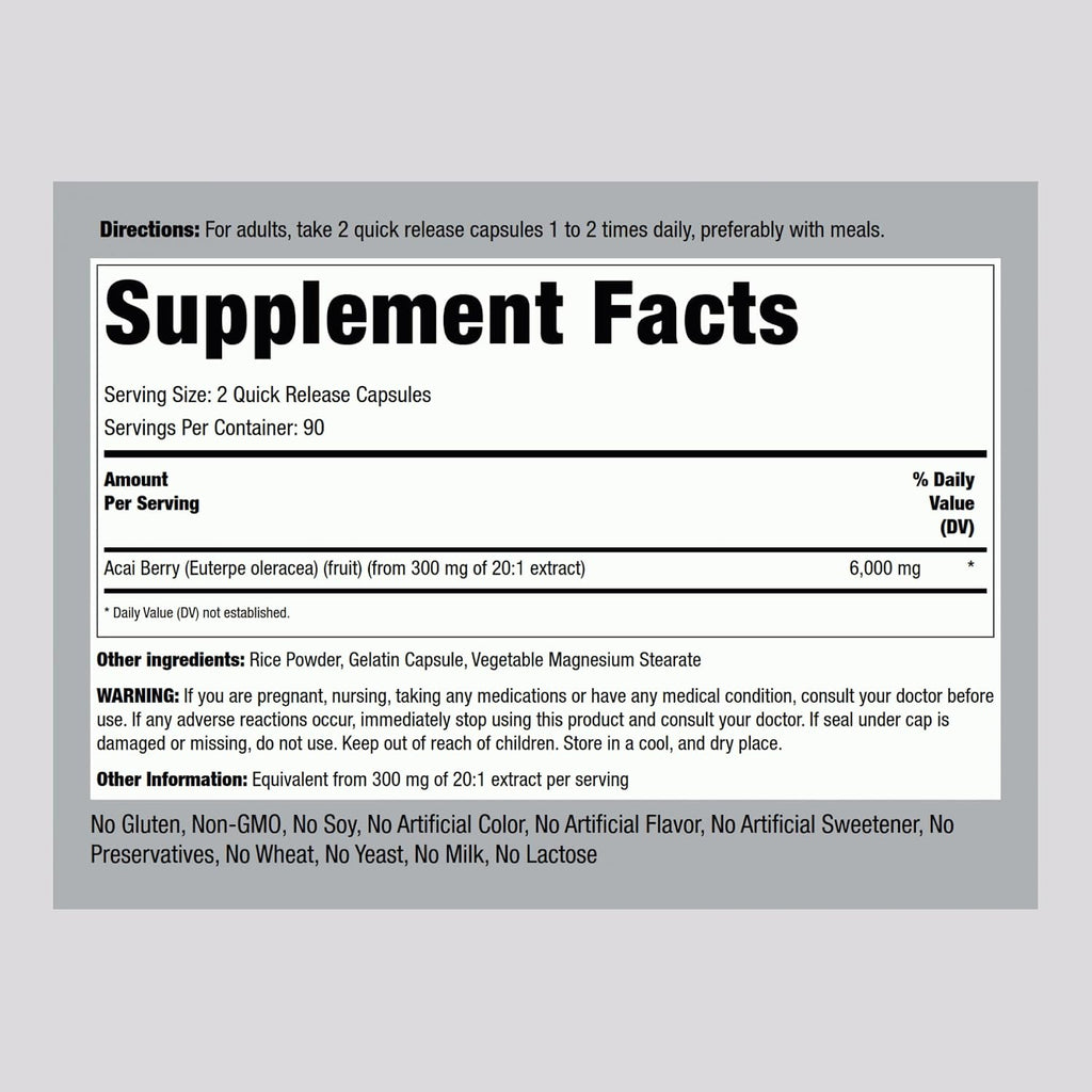 Piping Rock Acai Berry Supplement | 180 Cápsulas | Extracto Triple Concentrado | No Transgénico, Sin Gluten