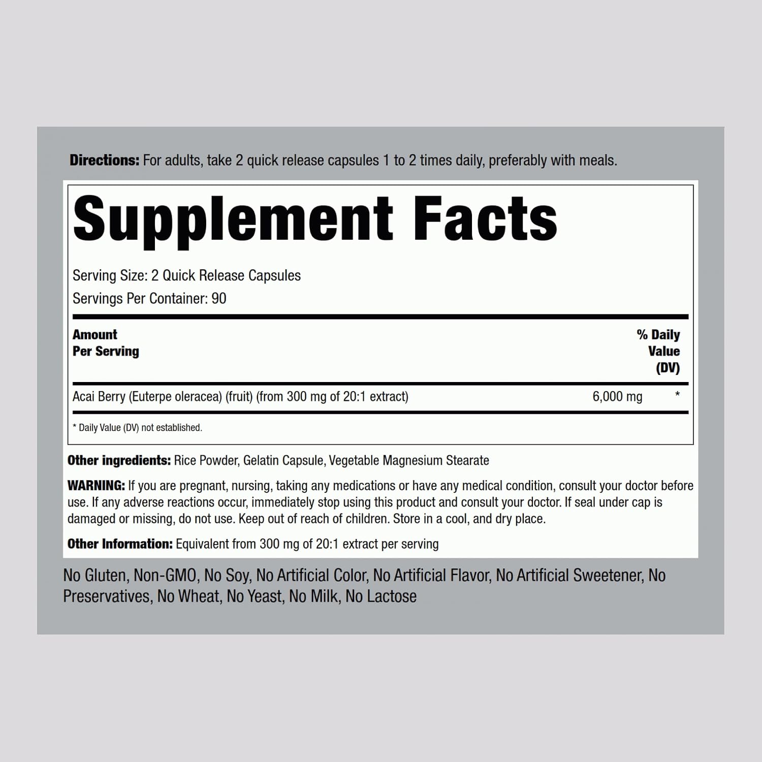 Piping Rock Acai Berry Supplement | 180 Cápsulas | Extracto Triple Concentrado | No Transgénico, Sin Gluten