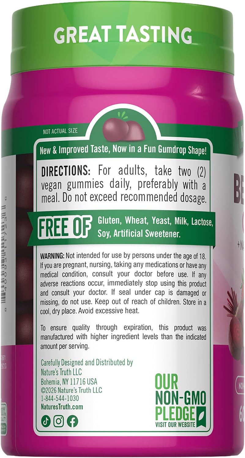 Nature's Truth Gominolas de Remolacha con Pimienta Negra - 60 Gominolas Sabor Fresa - Vegano, Sin Gluten, No OGM