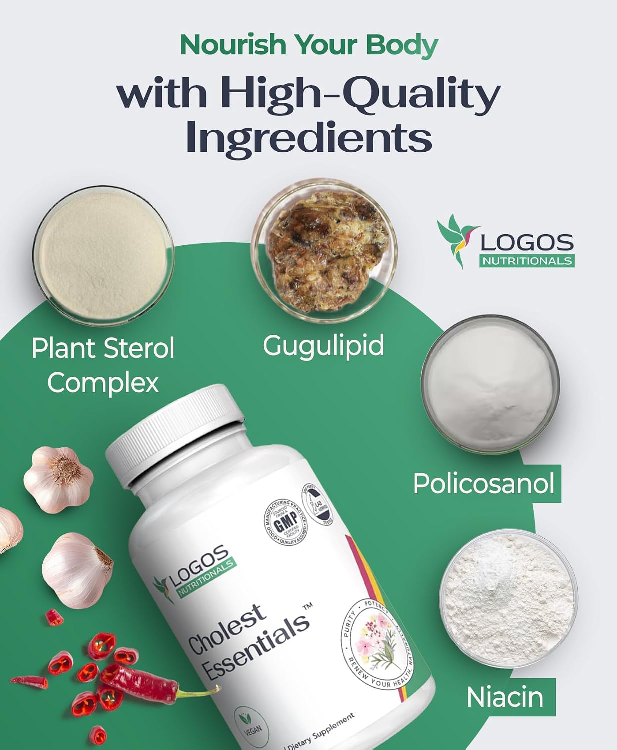 Logos Nutritionals Cholest Essentials - 60 Cápsulas | Complemento Vegano con Ajo, Niacina, Policosanol, Guggul, Esteroles Vegetales y Cayena