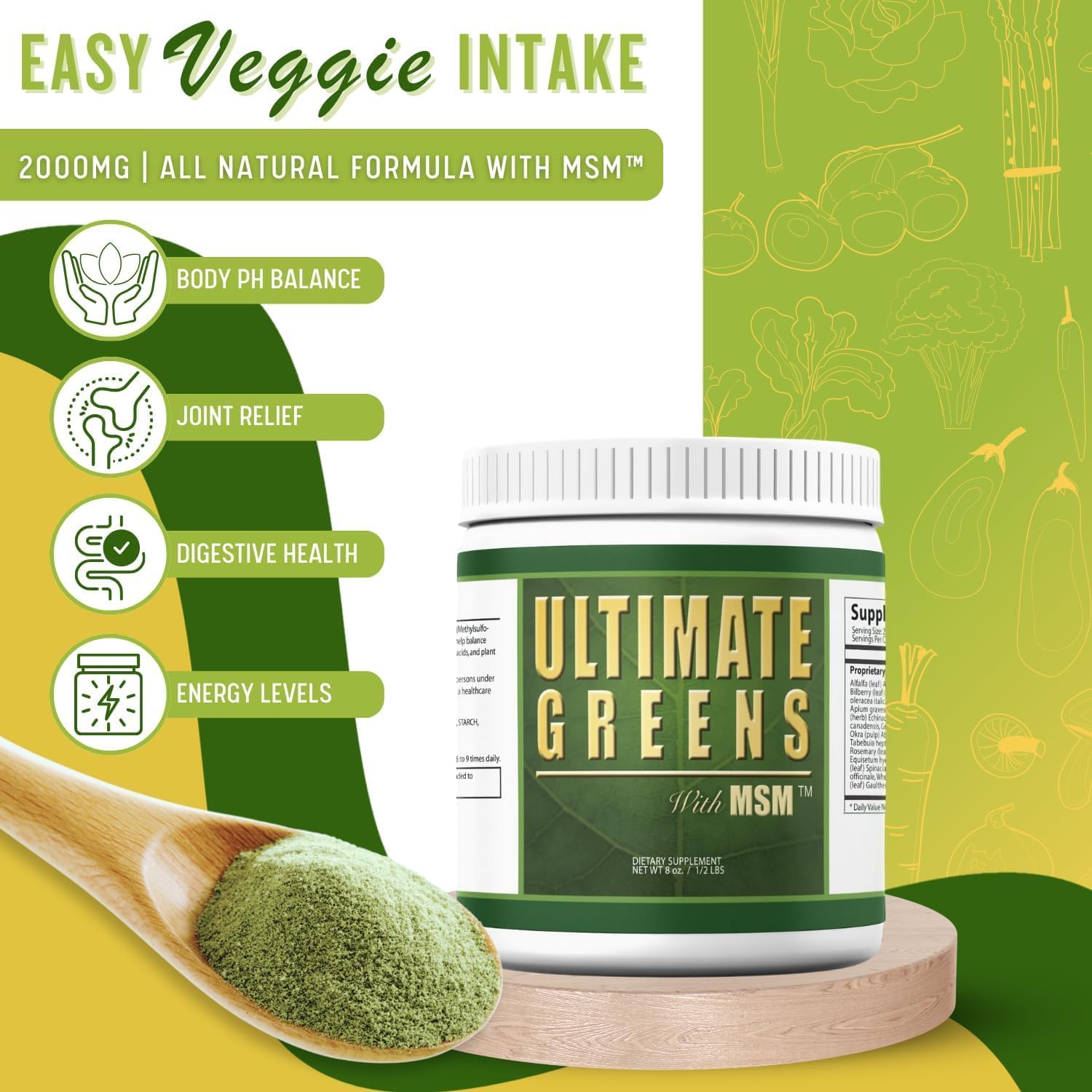 Ultimate Greens con MSM en Polvo - Superalimento Verde Vegano, 6 Paquetes (6 Meses de Suministro)