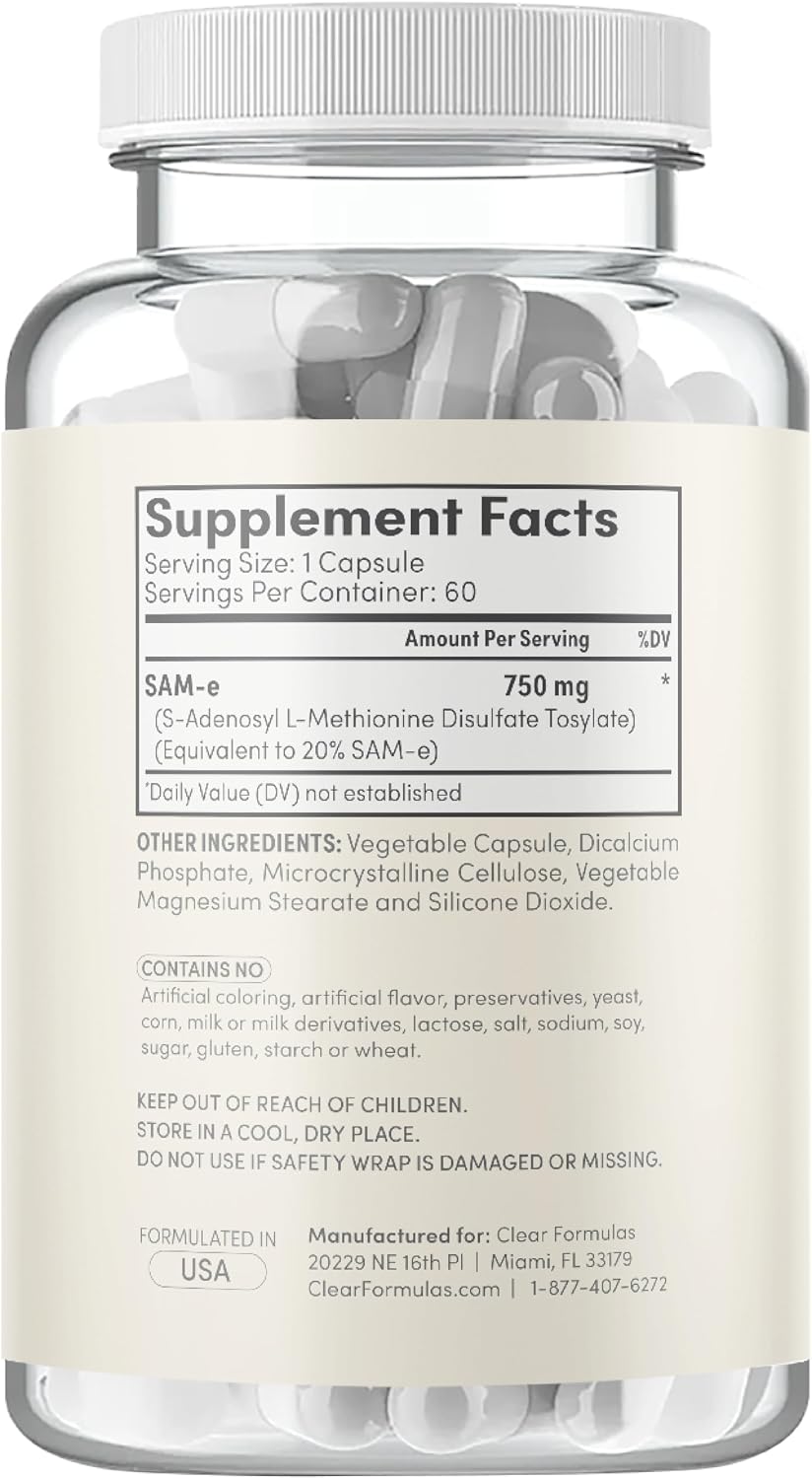 Clear Formulas Bioactive SAM-e 750mg - 60 Cápsulas Veganas No GMO