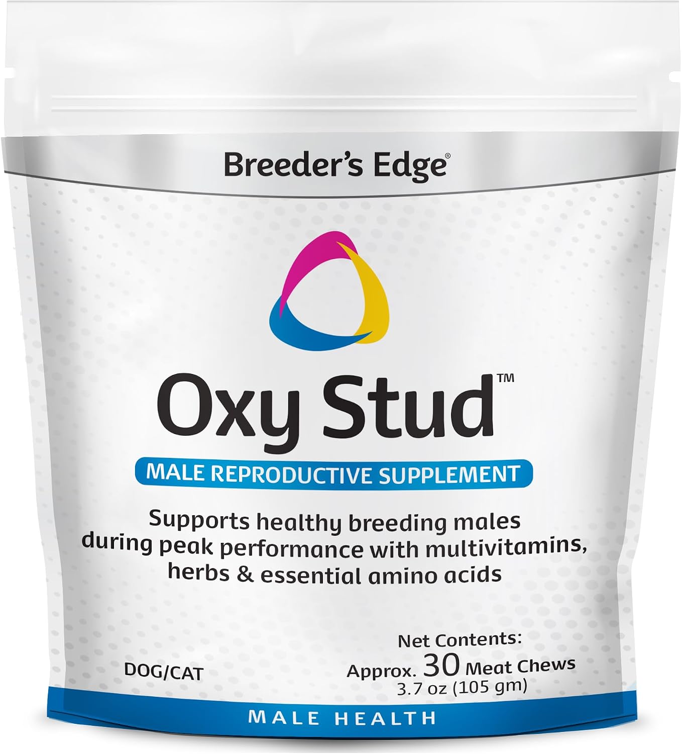 Breeder's Edge Oxy Stud – Suplemento multivitamínico para perros y gatos machos, masticables suaves, 60 unidades para razas medianas y grandes