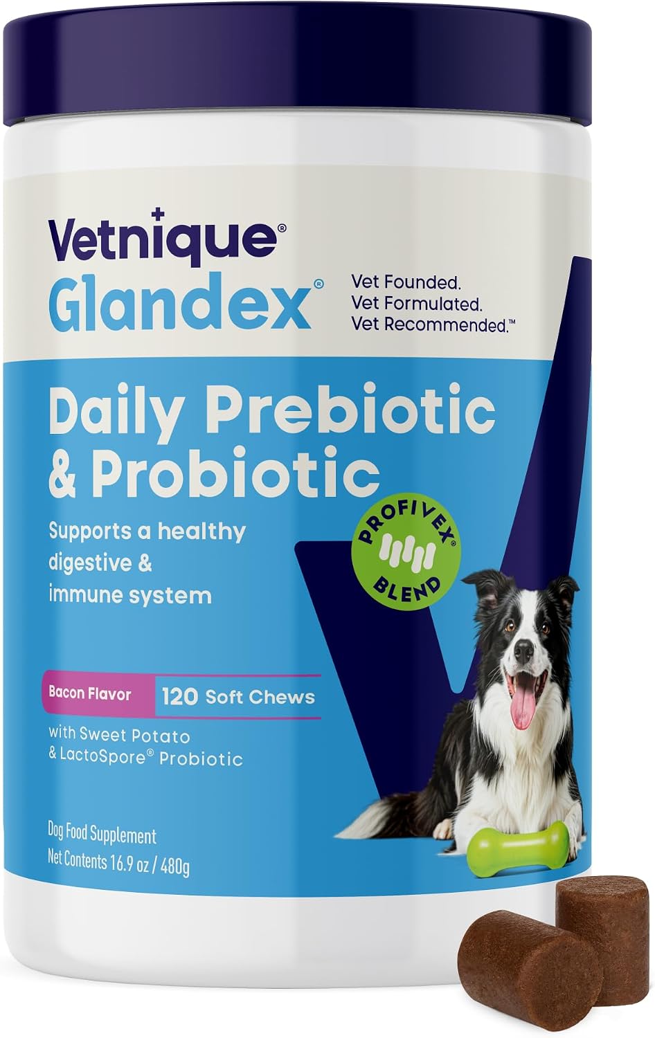 Vetnique Glandex Probióticos Masticables para Perros con 5 Cepas, Prebióticos y Enzimas Digestivas - 120 masticables