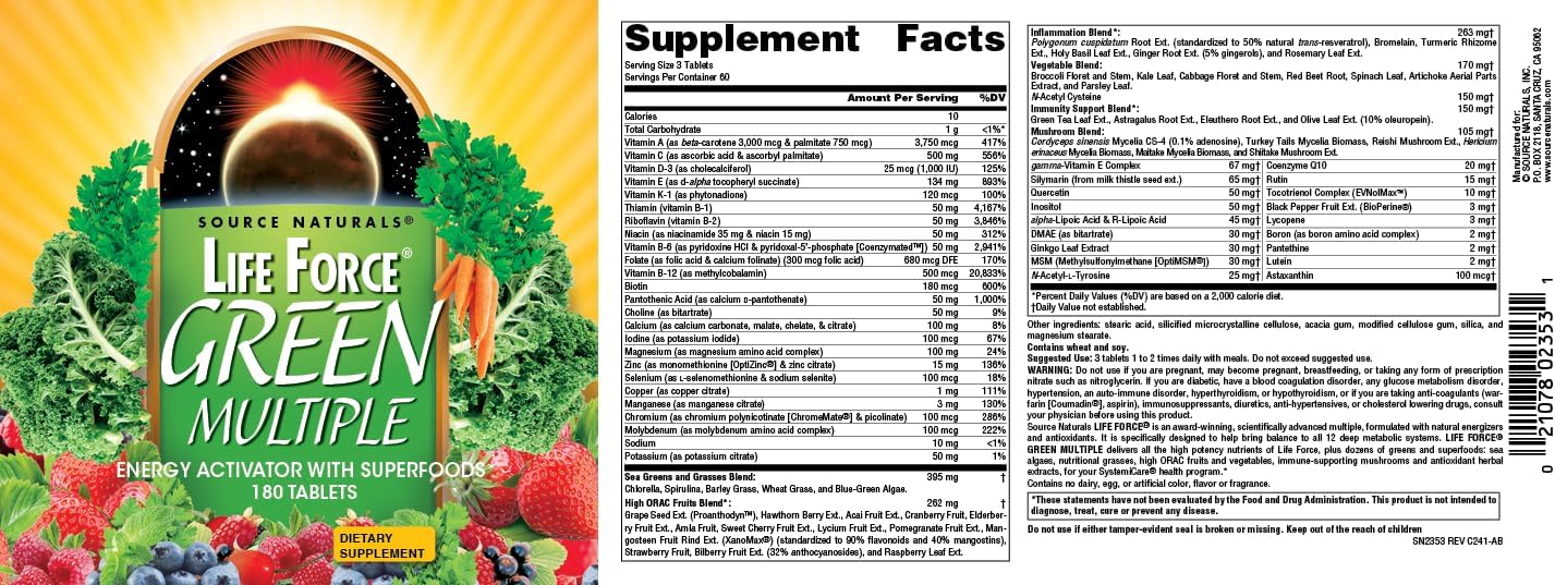 Source Naturals Life Force Green Multiple - 180 tabletas