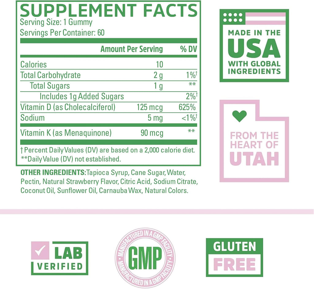 Zhou D3+K2 - Suplemento de Vitamina D3 y K2 con 5000 UI y MK-7, Gominolas Veganas (60 unidades)