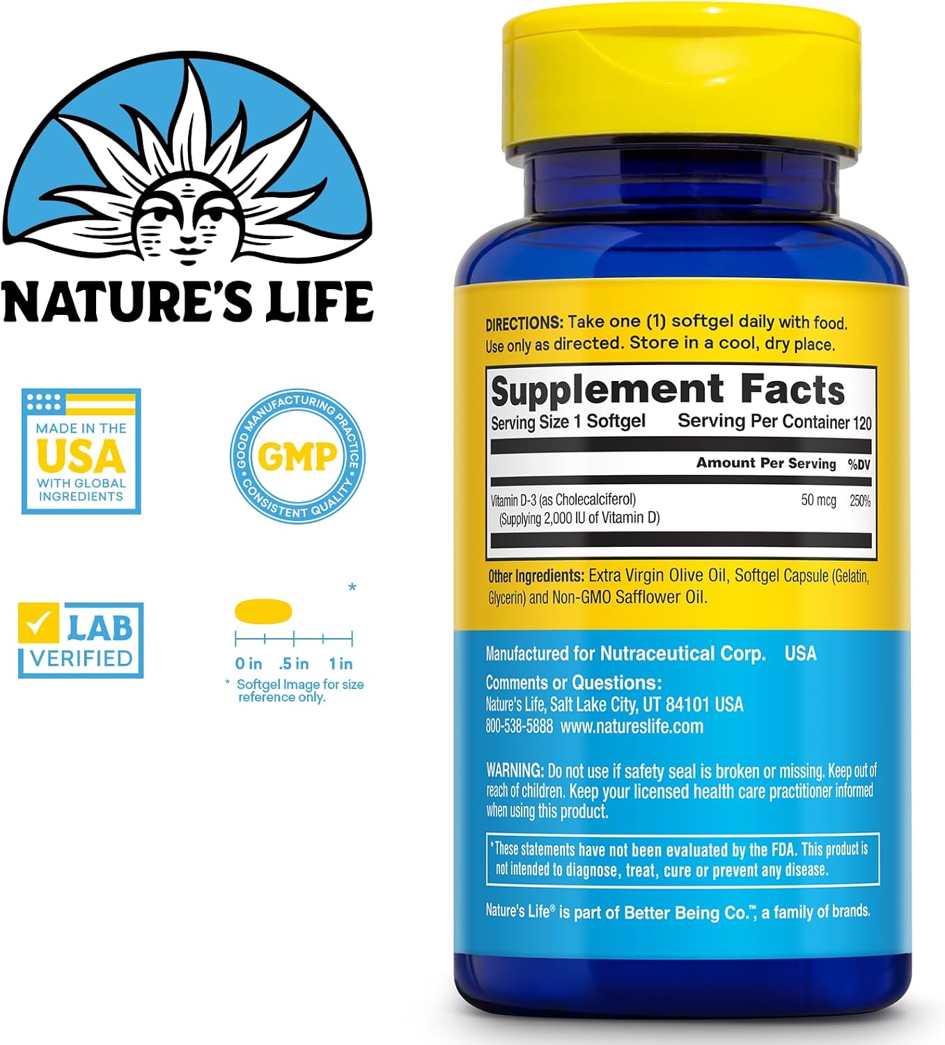 Nature's Life Vitamina D3 2000 UI (50 mcg) - 120 Cápsulas Blandas