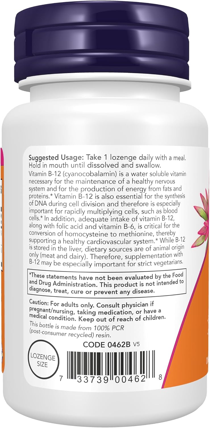NOW Foods Vitamina B-12 5,000 mcg con Ácido Fólico - 60 Comprimidos Bucales