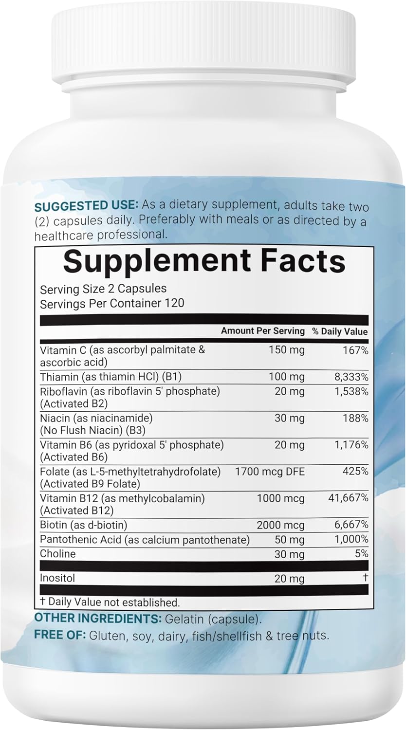 Micro Ingredients Pure Methylated B Complex, 240 Cápsulas | Complejo B Metilado 11 en 1 con Metilfolato y B12