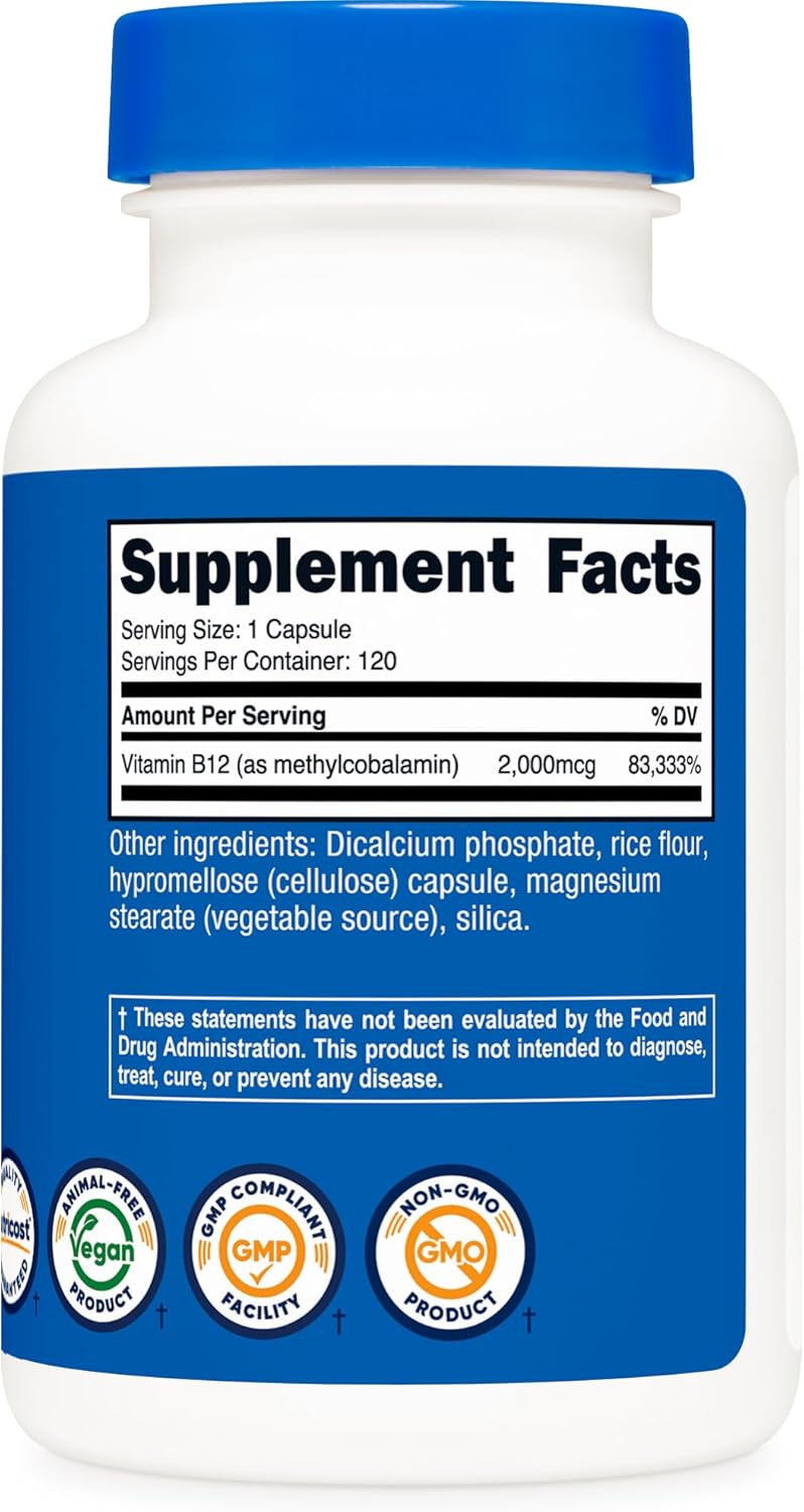 Nutricost Vitamina B12 (Metilcobalamina) 2000mcg, 120 Cápsulas - Cápsulas Vegetarianas, Sin Gluten, No GMO