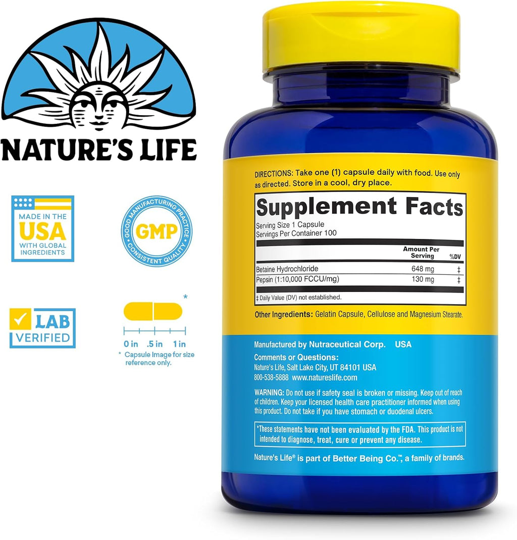 Nature's Life Betaína HCl con Pepsina – Suplemento Digestivo, 100 Cápsulas