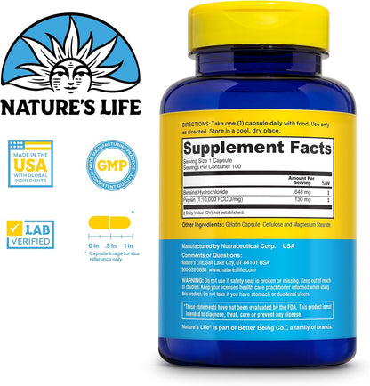 Nature's Life Betaína HCl con Pepsina – Suplemento Digestivo, 100 Cápsulas – Image 2