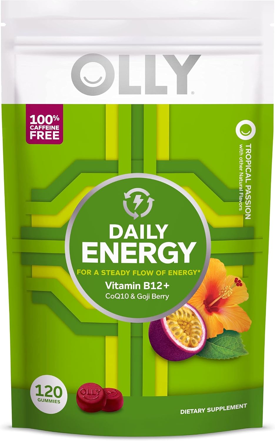 OLLY Daily Energy Gominolas de Vitamina B12, CoQ10 y Goji Berry, Sin Cafeína, Sabor Tropical - 120 unidades